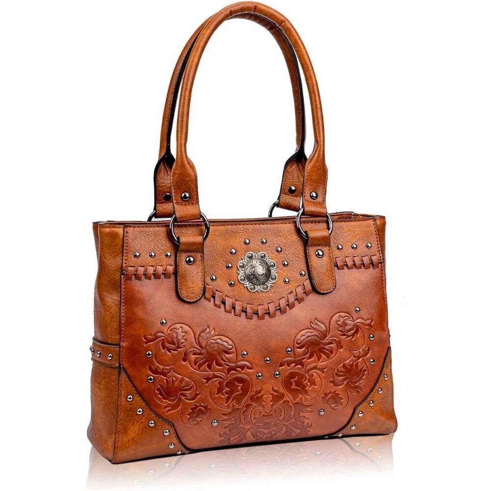 Women's Brown Pu Leather Large Western Top Handle Vintage Embossed Shoulder Bag